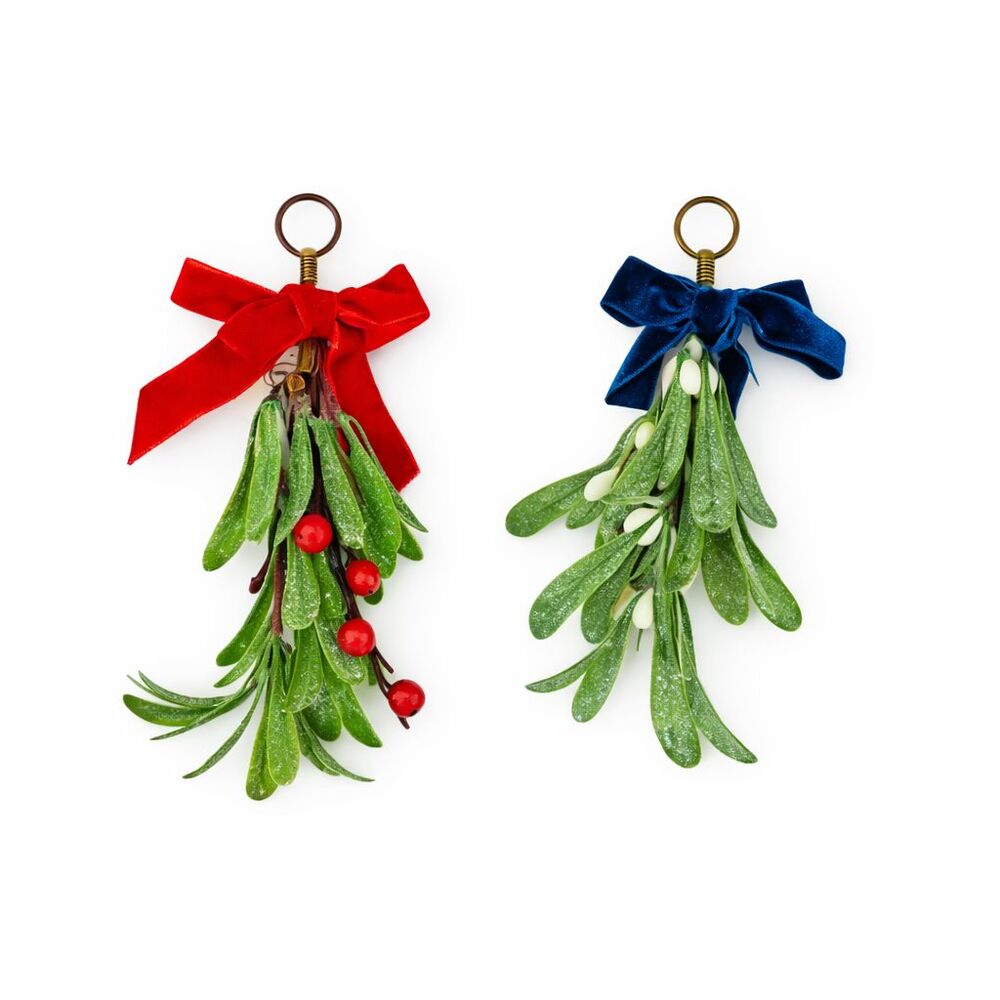 Holiday Style Mistletoe Christmas Ornament Blue Velvet Red Burgundy Bows Glitter